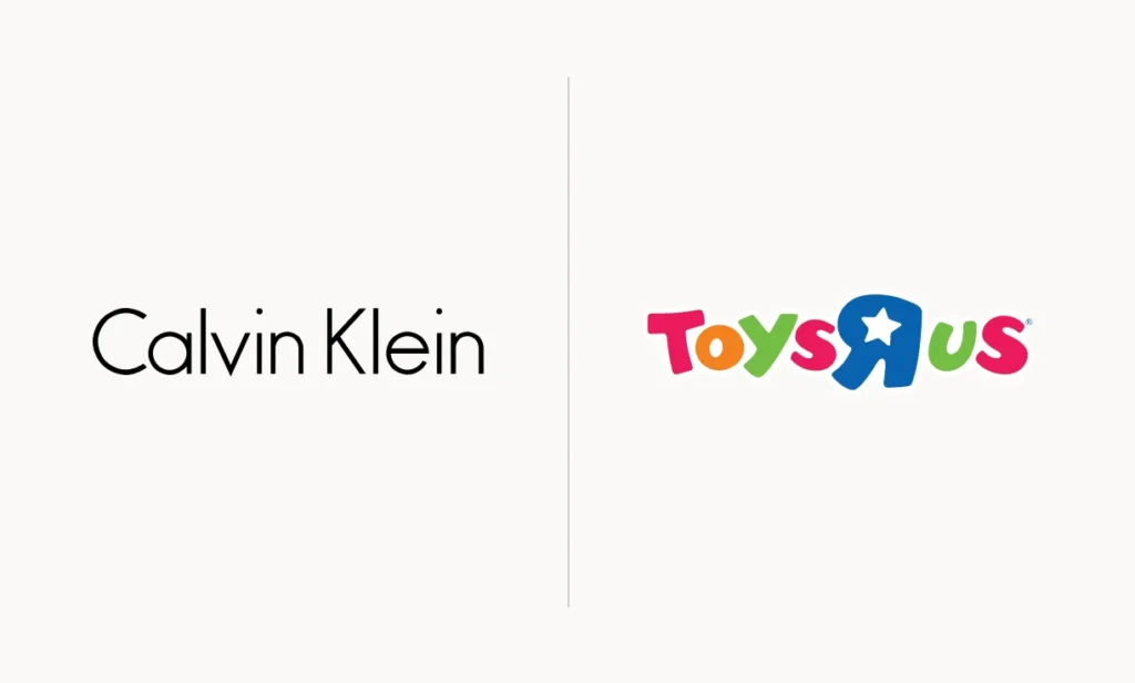 A visual demonstration of the importance of fonts in a brand. Here, we swap the Toys R Us logo font with the Calvin Klein logo font