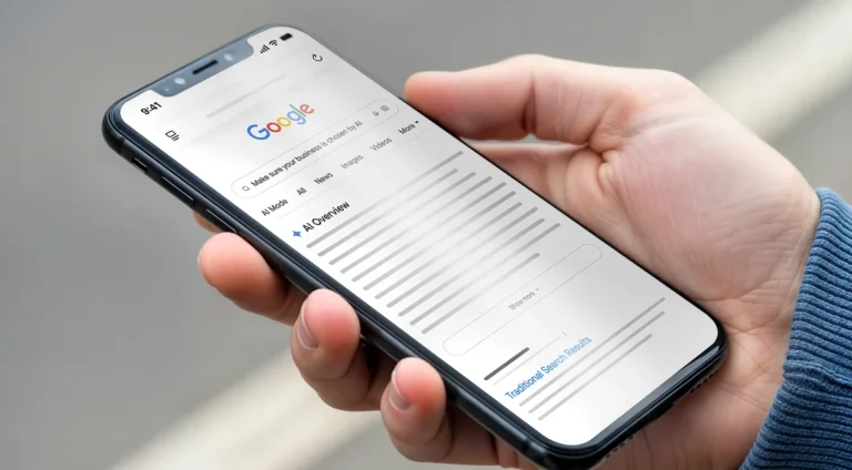 A close up image of a mobile device being used to search on Google. The image shows how Googles' AI Overview dominates most of the screen on mobile devices, highlighting the importance to businesses of being featured in the AI overview result