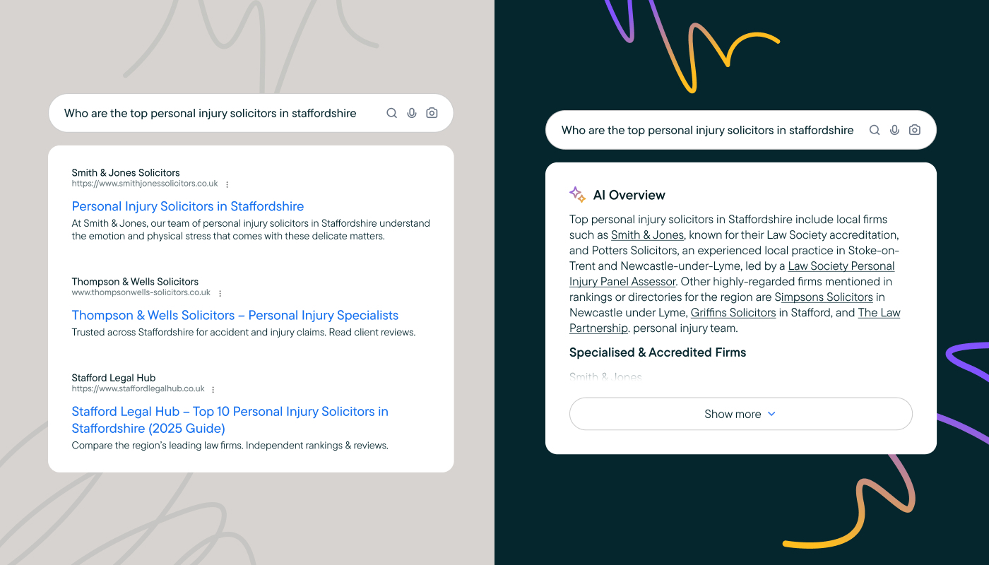 An image showing Google's traditional blue link search results on the left and an image showing the AI search results on the right