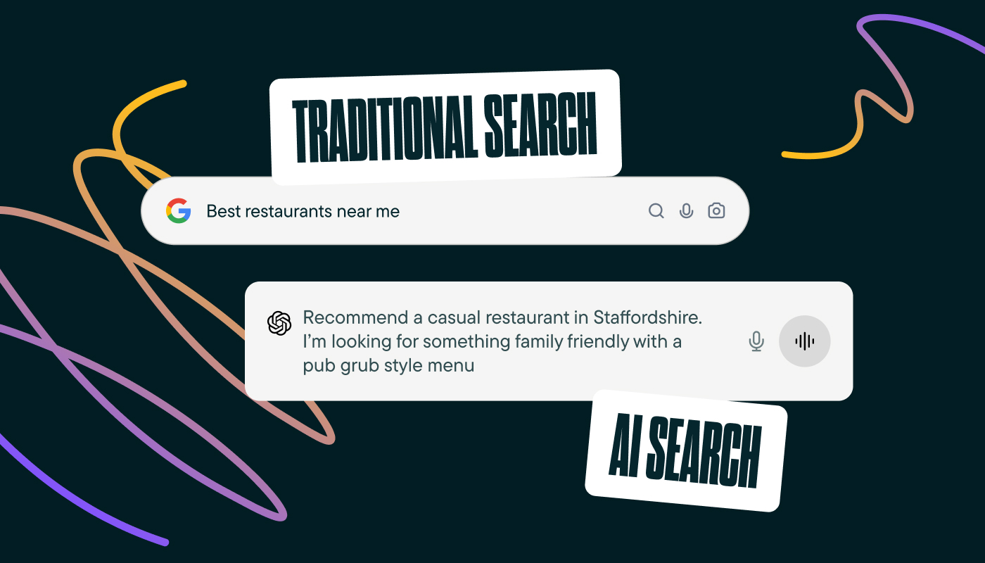 An image comparing how users search using a traditional search engine query, vs how a user searches when asking AI for answers.