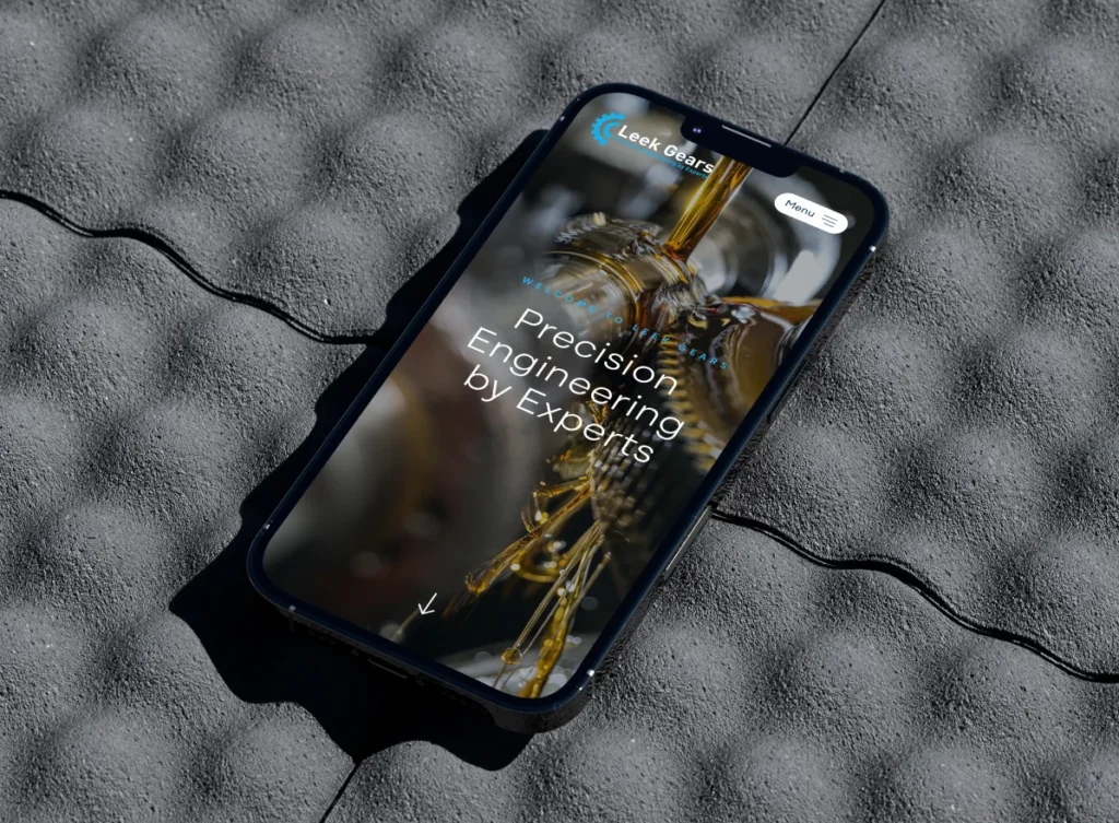 phone displaying new website development and design for Leek Gears and engineering company.