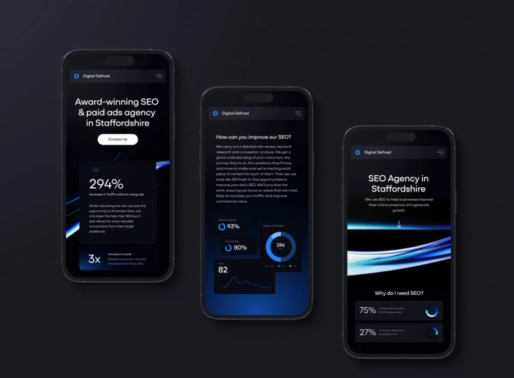 Website development service created by Yellow Circle shown on three phones for a SEO Agency in Staffordshire