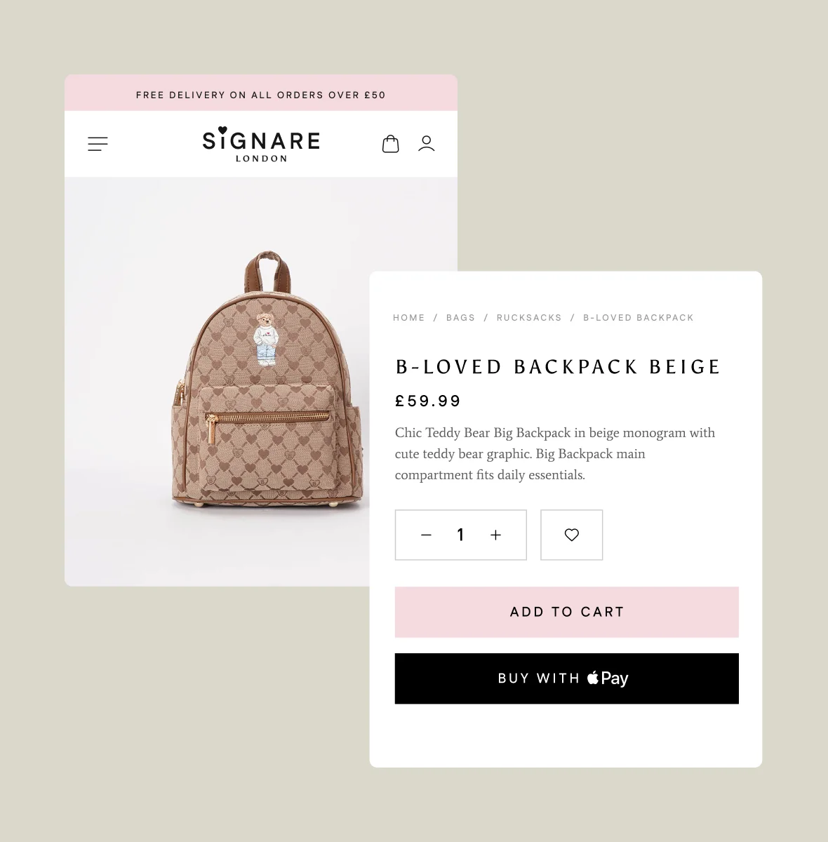 Mobile responsive versions of Signare London's product page
