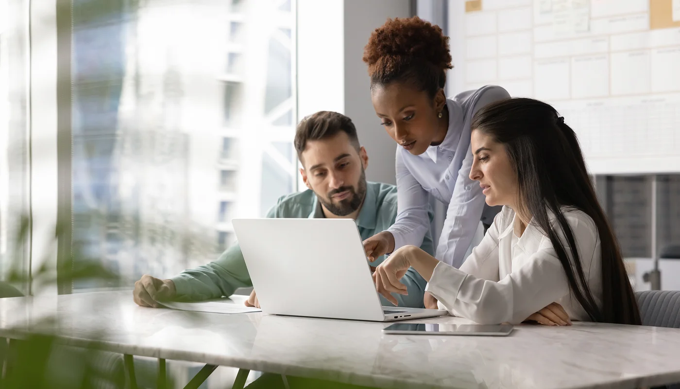 team of people reviewing a website on a laptop
