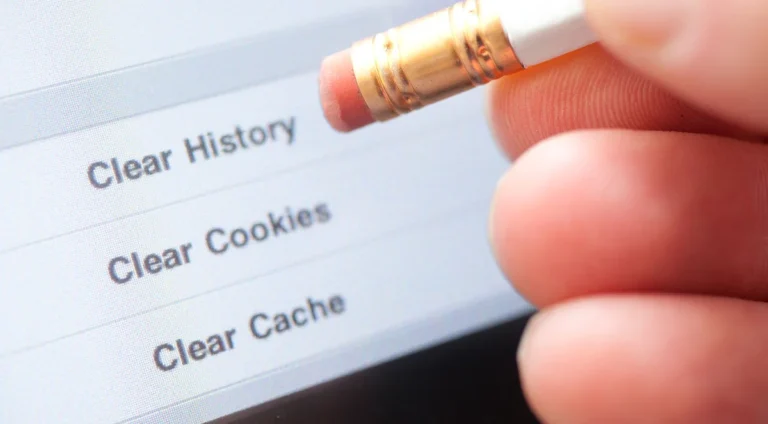 person pointing at screen with pencil, showing options to clear history, cookies and cache