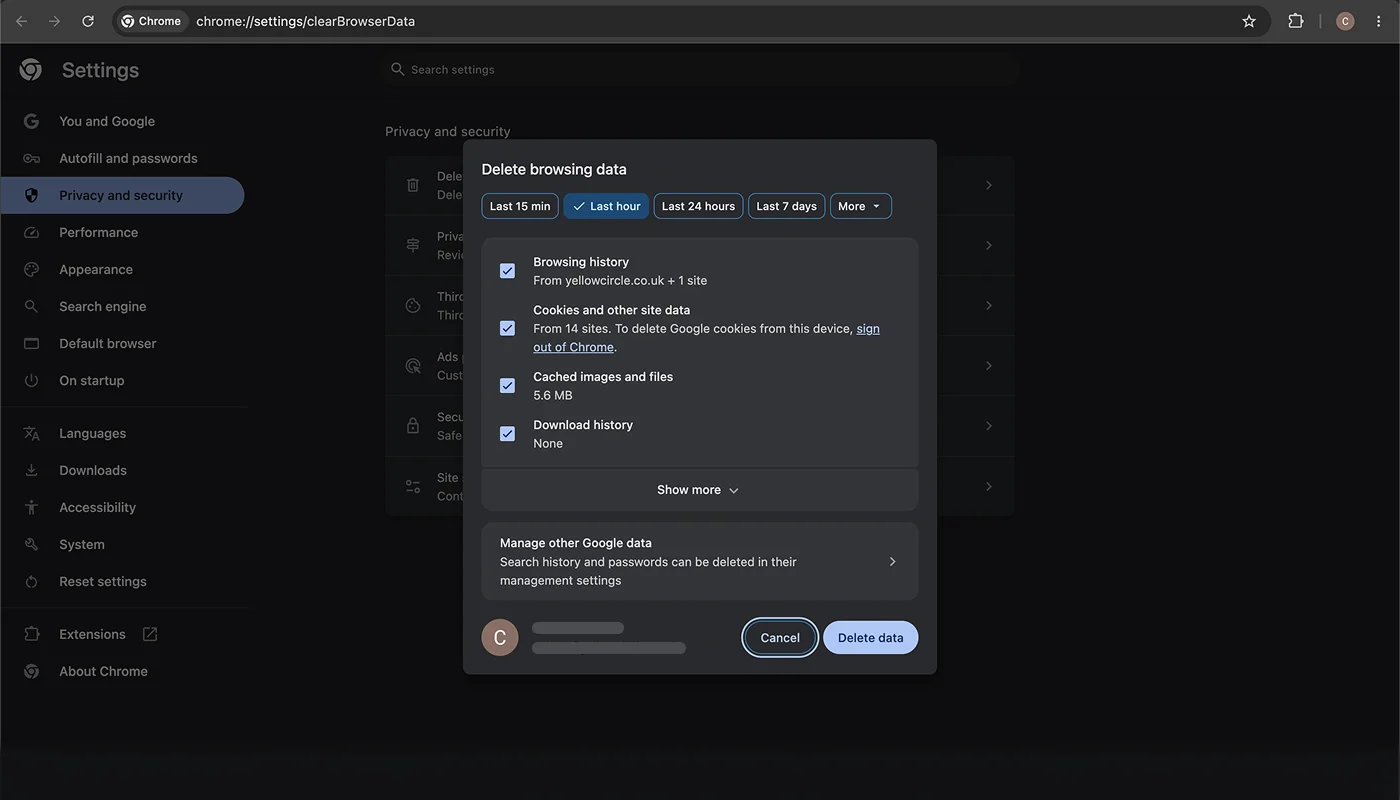Screenshot showing how to delete browser cache in Google Chrome